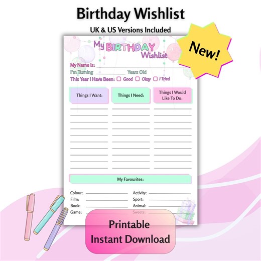 Printable Birthday Gift Wish List Template, Kid's Birthday Wish List, My Wish List, Birthday Gift Ideas List, Bday Gift Ideas, Present Ideas - Etsy