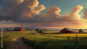 Modern farmland, Agricultural landscapes that include pastures, cornfields, Cottage and cattle ranches, digital painting