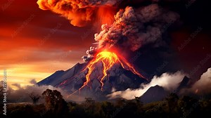 Volcano erupting scene, animated virtual repeating seamless 4k
