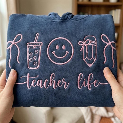 Cute Teacher Embroidery Design | Teacher Icons Embroidery File | Ribbon Drink Smiley Pencil Bow | School Shirt Design | Teacher Gift - Etsy