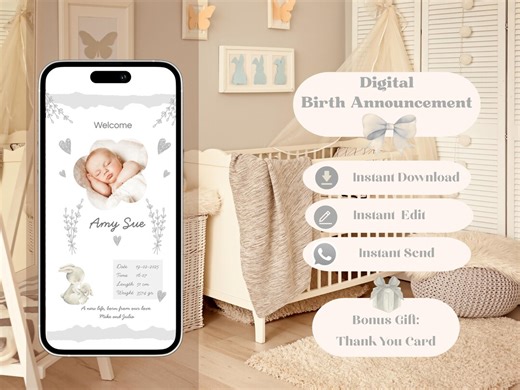 Digital Birth Announcement Template – Digital Download Birth Card With Pink Flowers Balloon Bears Boho Editable Canva Mobile Friendly Design - Etsy