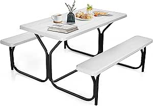 Moccha Picnic Table Bench Set - Portable Plastic Picnic Table w/Steel Frame & Wood-Like Texture, All Weather Heavy Duty Picnic Table Kit, Picnic Tables for Outdoors Garden Patio Party Dining (White)