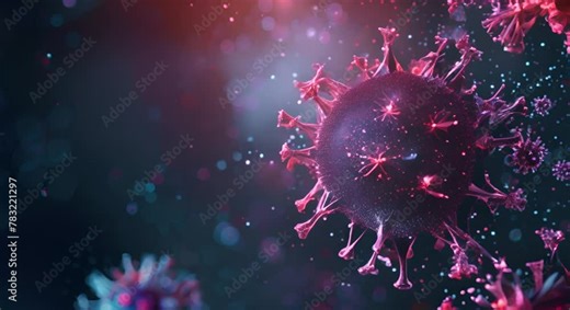 A sophisticated dark background with a glowing, abstract virus model, awarding virology research