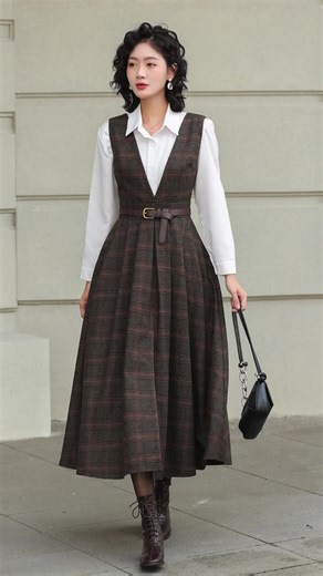 Elegant Brown Plaid Wool Midi Dress With Belt - Timeless A-line Style for Fall and Winter Fashion, Custom, Xiaolizi 6417 - Etsy