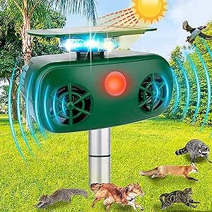 Ultrasonic Animal Repeller, 5 Modes Solar Powered Animal Deterrent Rodent Repeller, Waterproof Repellent with Motion Sensor and Flashing Light for Squirrels, Rabbit, Fox, Raccoon for Yard Farm Garden