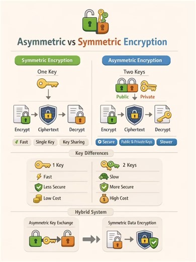 Symmetric vs Asymmetric Encryption 🔑 Cybersecurity Basics Explained in 7 Seconds #ccna In this short and simple video, you’ll learn the difference between Symmetric and Asymmetric Encryption in a clear, visual, and beginner-friendly way. We explain how each encryption method works, what makes them different, and where they are used in real life — from HTTPS websites to secure messaging and online banking. You’ll discover: • What symmetric encryption is • What asymmetric encryption is • How publ