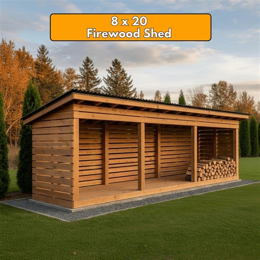 8x20 Firewood Shed DIY Plans PDF | 3 Cord Wood Storage Rack Blueprint | Extra Large Dry Wood Shelter - Etsy