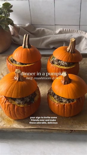 Mallory Brown, Registered Dietitian Nutritionist on Instagram: "This Dinner in a Pumpkin is so fun to make for a fall dinner party! The umami stuffing with mushrooms, ground beef & rice comes together in the skillet while the pumpkins bake. Top with parmesan cheese & enjoy. 😊 Recipe below ⬇️ or comment recipe and I’ll send it to you! https://mallorythedietitian.com/stuffed-pumpkins/ Ingredients • 6 small pie pumpkins (aka sugar pumpkins. Butternut squash, acorn squash or honeynut squash work to