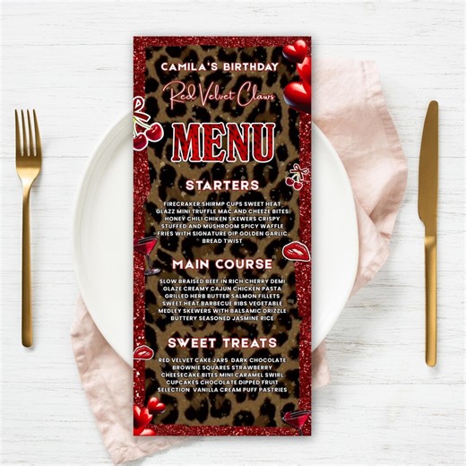 Editable Cheetah Cherry Birthday Menu, Cheetah Print Menu Card, Event Menu Template, Birthday Dinner Table Menu, Canva Template - Etsy