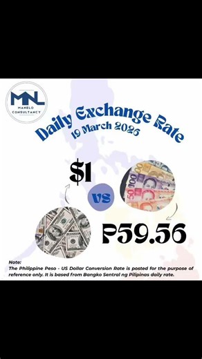 Philippine Peso - US Dollar Conversion Rate - 19 March 2026$1 - P59.56