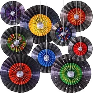 Dispowreath 9 Pcs Music Party Decorations Vintage Record Hanging Paper Fans 1950's Decor Disco Groovy Rock and Roll Sock Hop Party Supplies for 50s 80s Birthday Classroom Bulletin Board Wall Decor