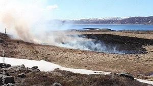 Burning dry yellow grass. A field prepared of being plowed and Harvested. North Iceland