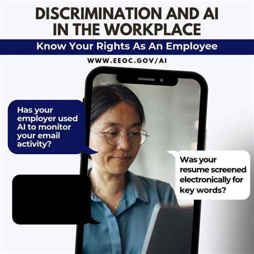 Many companies have started to use automated systems or AI in the workplace. Know your rights as an employee when it comes to artificial intelligence and your job! Learn more at https://eeoc.gov/ai. #AI | U.S. Equal Employment Opportunity Commission