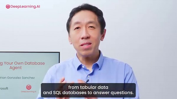 New course with Microsoft 🚀 Simplify your data analysis with Building Your Own Database Agent, a short course made in collaboration with Microsoft and taught by Adrian Gonzalez Sanchez, Data and AI specialist at Microsoft Azure. In this course, you'll build an agent that can interact with tabular data and SQL databases using natural language queries. By leveraging the Azure OpenAI Service and techniques like RAG and function calling, you'll create a system that can understand text questions and
