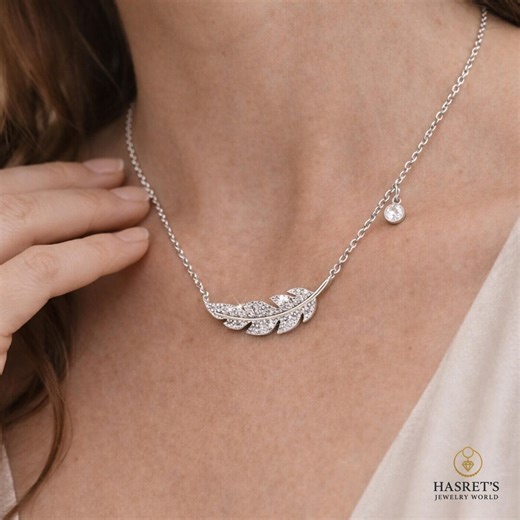 CZ Feather Pendant Necklace, Silver Tone, Romantic Jewelry - Etsy