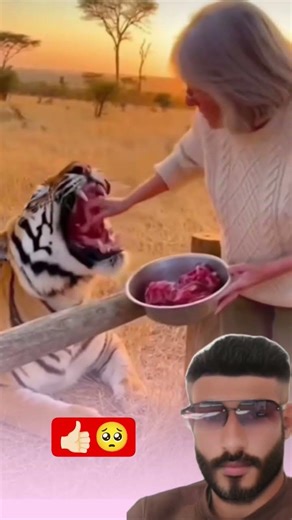 😊"لحظة تآلف نادرة! امرأة ونمر... قصة حب من نوع آخر 😊 #تآلف_الحيوان_والانسان"