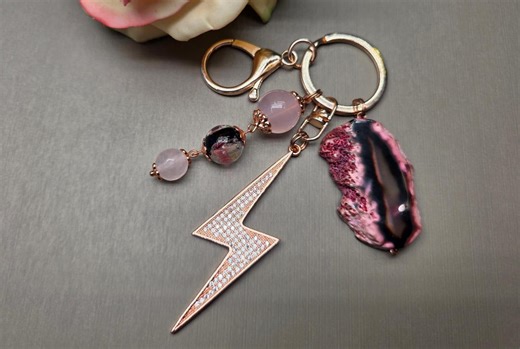 Bag Charm Keychain – Pink Agate Slice, Rose Quartz, Lampwork Bead, CZ Lightning Bolt, Rose Gold - Etsy