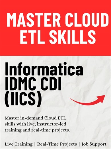 InventModel Technology Solution on Instagram: "🚀 Want to build a career in Cloud ETL & Data Engineering? This reel gives you a quick overview of Informatica IDMC CDI (IICS) — one of the most in-demand Cloud Data Integration tools used by top companies worldwide. If you’re a fresher or working professional looking to upskill, switch roles, or move into high-paying data roles, this live, instructor-led training is for you 👇 🔥 Why this training stands out: ✅ Live hands-on Cloud ETL training ✅ 20