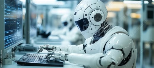 Humanoid robot worker working on a computer at tech factory. Generative video AI technology.