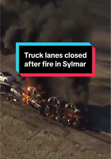 Truck lanes on the southbound 5 Freeway near Sylmar remain closed Sunday morning after a big rig carrying Teslas erupted in flames. The fire engulfed the cab of the truck, but the driver escaped without injury. Firefighters say cleanup may take time due to hazards from the lithium-ion batteries. Stay with KCAL News for updates. #truckfire #fire #truck #teslas #sylamr