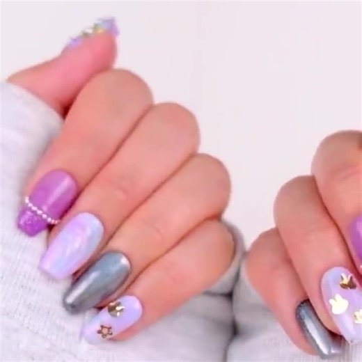 Rainbow Chrome Press On Nails: 3D Heart Accents, Fairycore Style