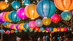 Several paper lanterns in various colors hanging from the branches of a tree at a family celebration, A big family gathering for a celebration with colorful lanterns and decorations