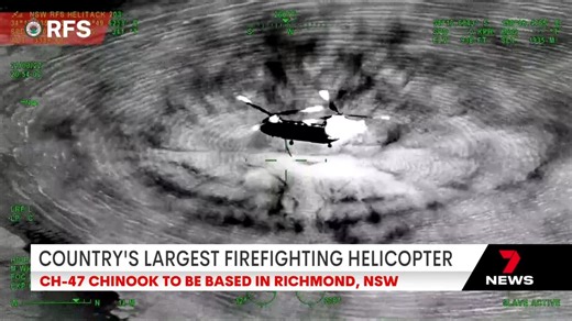 The country's largest firefighting helicopter worth $9 million has touched down in New South Wales. The CH-47 Chinook is the first of its kind in Australia. It has high-capacity waterbombing capabilities able to carry up to 11,000 litres of water or fire retardant. It will also allow for aerial firefighting at night. The craft will be based in Richmond with the Bushfire danger period beginning in some of the surrounding areas. 7NEWS at 6pm. More local news: 7news.com.au/news/sydney #Bushfires #7