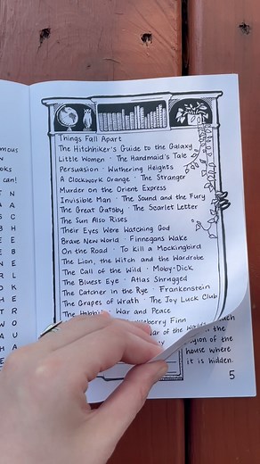 Cleverland Puzzle (like the city— but add an “R”!) specializes in handwritten and illustrated puzzle books for adults. Puzzles usually start on graphic paper and the layout is sketched in pencil and then inked. Inked drawings are scanned and then edited using Adobe InDesign. Finally, each book is printed professionally at a union-operated print shop in Cleveland. The featured puzzle here is my favorite from the book “Novel Puzzles”! It makes a great gift for the avid readers, English teachers, a