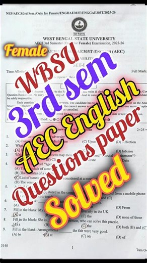 WB State University BA 3rd sem AEC English Questions paper with answer 2026/#shorts #youtub_shorts