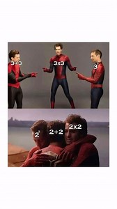 Reels | Daily Content on Instagram: "Hey guys, Bean here to explain the meme. So here we can see the numbers 2 and 3 shown in various operations. The only difference is that all the operations of 2 with itself give the same answer but with 3 they all give different answers. AS shown in the first part 3+3 is 6, 3x3 is 9 and 3 to the power 3 is 27. All the answers are different and is represented by the 3 Spiderman pointing at each other. In the below part we can see all the Spiderman hugging each
