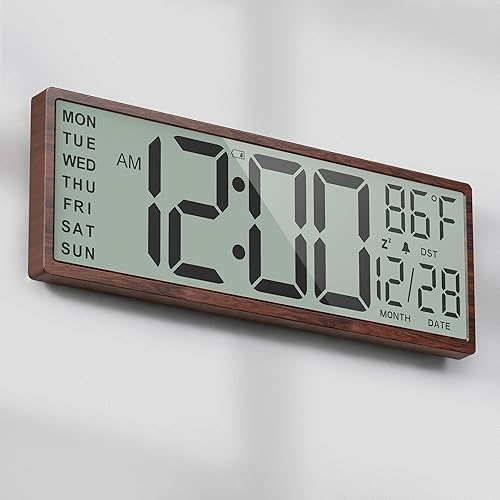 Mee 2ou Digital Wood Wall Clock with Battery Operated, 15" Digital Clock Large Display with Date and Day