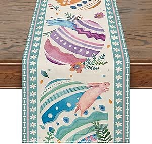 Siilues Easter Table Runner, Bunny Easter Egg Decorations Colorful Easter Runner for Table Seasonal Spring Holiday Decor for Indoor Outdoor Dining Table Decorations (13'' x 72'')