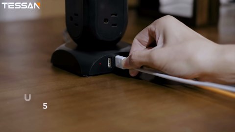 Black Surge Protector Power Strip Tower, TESSAN Flat Plug Extension Cord 10Ft with 8 AC Outlets 4 USB Ports (1 USB C), 1050J Protection Charging Station for Home, Office, Dorm Room Essentials