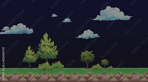 game background. Ground, grass, sky, tree and stars. 2D Game Platform Design