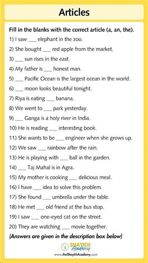 📝 Articles (a, an, the) | Worksheet with Answers 🧑🏻‍🏫 | English Grammar for School #english #shorts