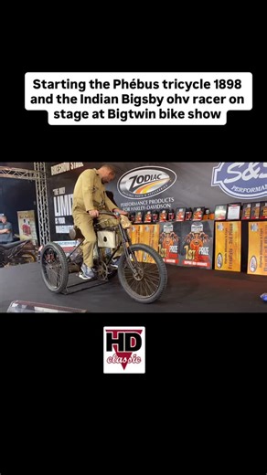 Starting the Tricycle Phébus 1898 and my Indian Bigsby scout ohv on stage at The Bigtwin Bikeshow. #hdclassicbe #tricycle #indian | Hd Classic