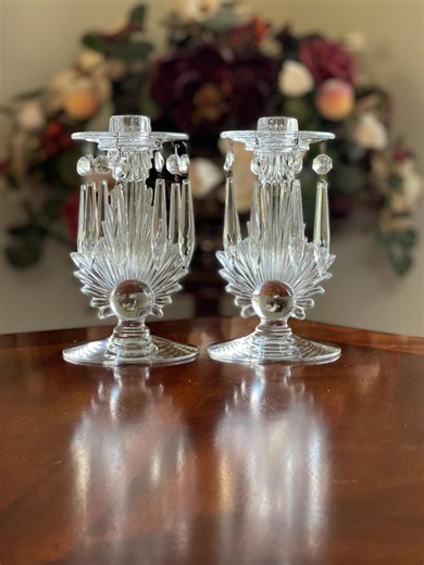 Vintage Fostoria Flame Crystal Mantle Lustre Candlesticks With Hanging Crystals (sold as a Pair) - Etsy