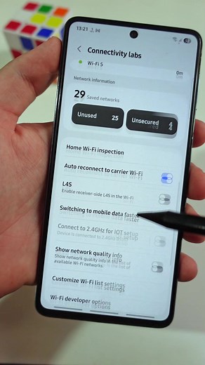 your phone has a hidden wifi menu 👀📶 settings > connections > wifi > three dots > intelligent wifi. tap the build line fast to unlock Connectivity Labs. turn on faster mobile data switch, then map your home signal with Home Wi-Fi Inspection. try it, did it work for you? #AndroidTips #WiFiTips #TechHacks #HiddenFeatures #TechTips