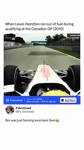 @f1archived | @polymarket Lewis Hamilton ran out of fuel during qualifying for the 2010 Canadian Grand Prix while driving for McLaren, bringing his car... | Instagram