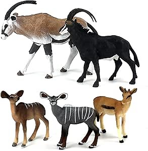 FUNSHOWCASE African Jungle Wild Animals Toy Antelopes Figure Realistic Plastic Figurine Gifts for Kids, Cake Topper, Playset Lot 5-piece