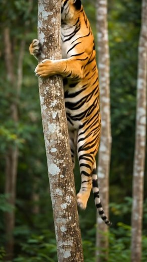 A rare sight in the wild — a tiger showing off its agility and strength as it climbs high into the trees!  Tigers may be known for their power on the ground, but moments like this remind us of their incredible versatility and grace. Nature never stops surprising us.  #Tiger #WildlifePhotography #NatureLovers #BigCats #TigerClimb #JungleKing #IntoTheWild #AnimalBehavior #NatureMagic #WildlifeMoments | Me Tarzan You Jane | Facebook
