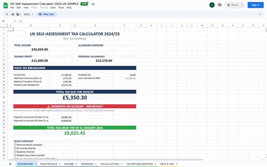 UK Self Assessment Tax Calculator 2024-25 Self Employed HMRC Spreadsheet Google Sheets Excel Freelance Sole Trader Tax Return Template - Etsy UK