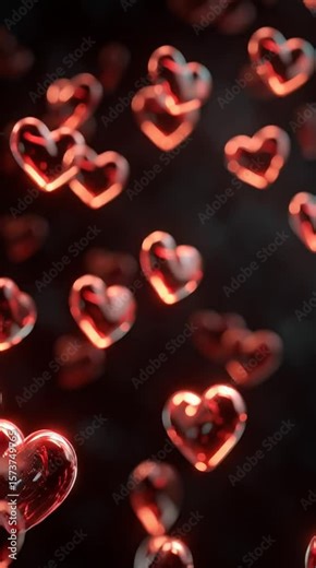 looping animation of abstract red hearts softly pulsing with light glow, appearing and fading rhythmically on a dark romantic background. ideal for Valentine’s visual effects