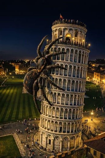 Giant Spider Climbs the Leaning Tower of Pisa at Night