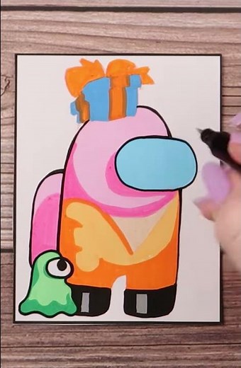Drawing Pink with Present Hat from Among Us with Posca Pens