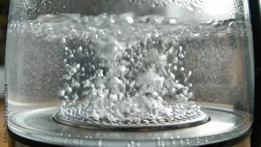 Closeup view of clear water rapidly boiling in a transparent glass electric kettle showing numerous bubbles forming and rising from the heating element at the bottom indicating high temperature and r.