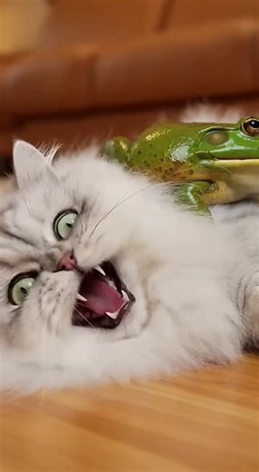 🤣 a cat surprised to see a frog 😽