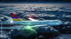 Commercial Airliner Passanger Plane Jumbo Jet Flying at Night over Clouds with Country Flag Armenia