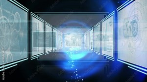 Digital Animation of flashing blue light moving through technology hall with screens 4K