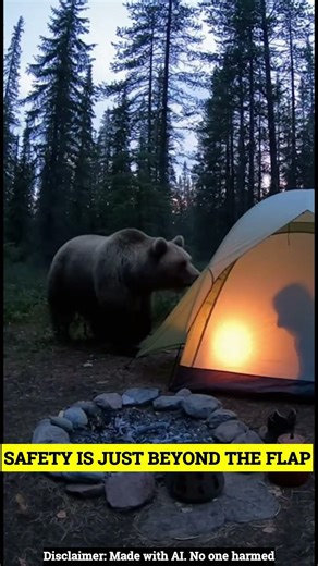 Grizzly Bear stalks a camper in the woods as the tent flap is just inches away from safety
